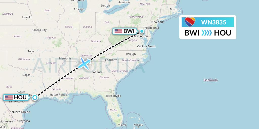 WN3835 Southwest Airlines Flight Map: Baltimore to Houston