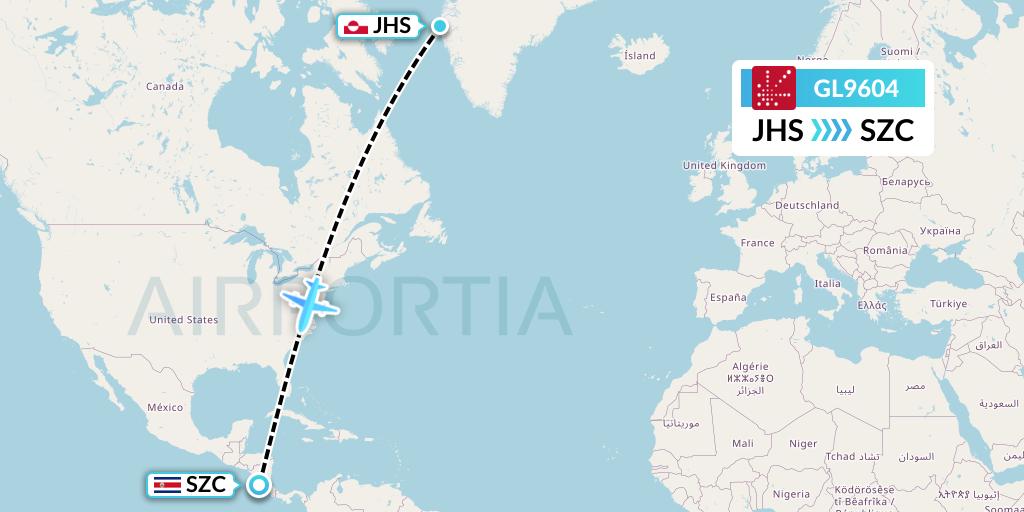 GL9604 Air Greenland Flight Map: Sisimiut to Santa Cruz