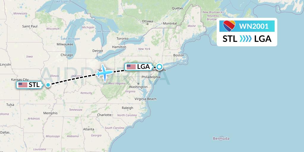 WN2001 Southwest Airlines Flight Map: St. Louis to New York