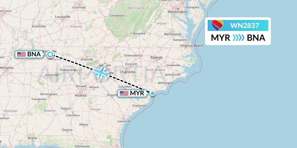 WN2837 Southwest Airlines Flight Map: Myrtle Beach to Nashville