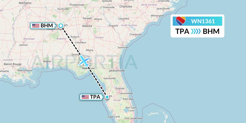 WN1361 Southwest Airlines Flight Map: Tampa to Birmingham