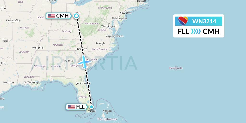 WN3214 Southwest Airlines Flight Map: Fort Lauderdale to Columbus