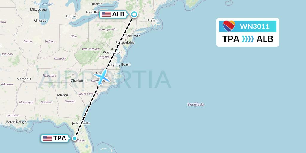 WN3011 Southwest Airlines Flight Map: Tampa to Albany