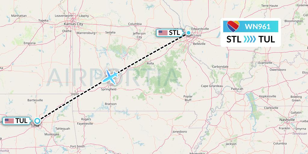 WN961 Southwest Airlines Flight Map: St. Louis to Tulsa