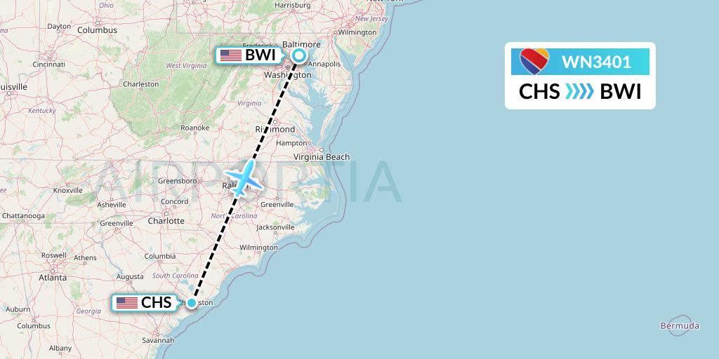 WN3401 Southwest Airlines Flight Map: Charleston to Baltimore