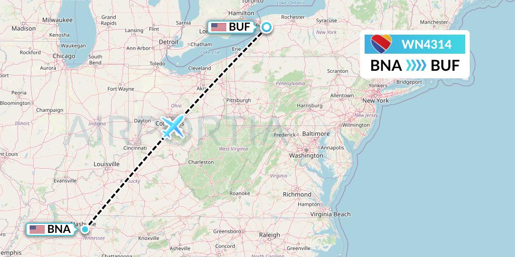 WN4314 Southwest Airlines Flight Map: Nashville to Buffalo