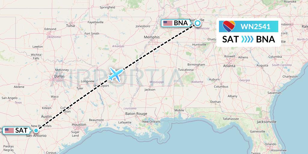 WN2541 Southwest Airlines Flight Map: San Antonio to Nashville