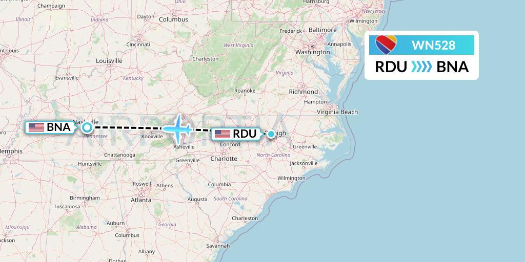 WN528 Southwest Airlines Flight Map: Raleigh-Durham to Nashville