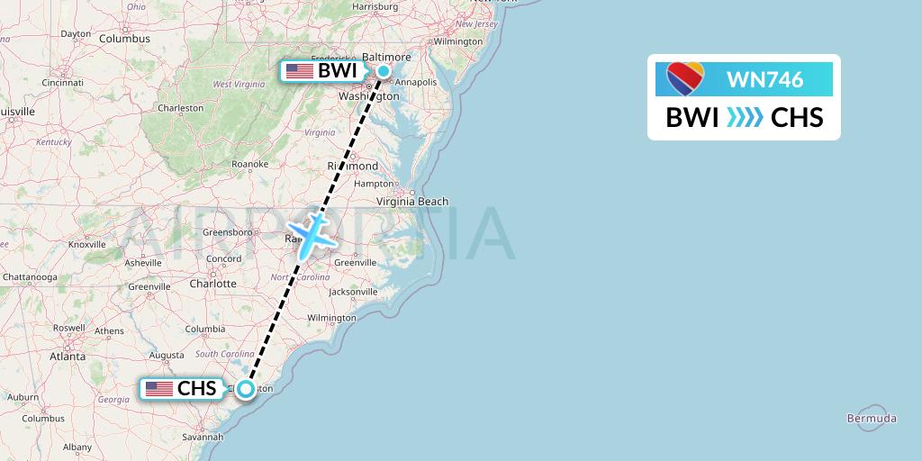 WN746 Southwest Airlines Flight Map: Baltimore to Charleston