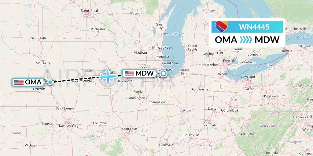 WN4445 Southwest Airlines Flight Map: Omaha to Chicago