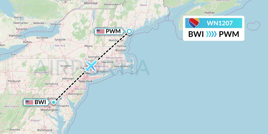 WN1207 Southwest Airlines Flight Map: Baltimore to Portland