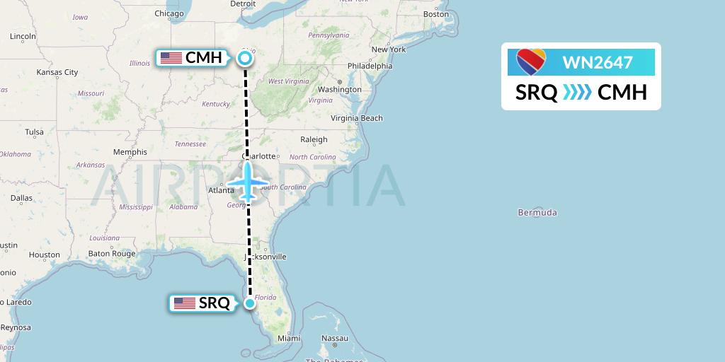 WN2647 Southwest Airlines Flight Map: Sarasota to Columbus