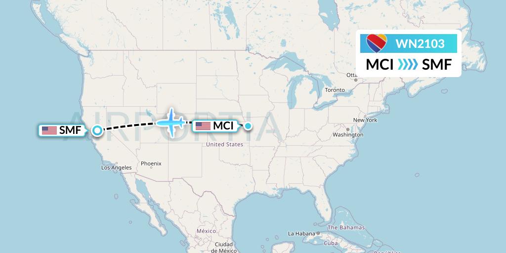 WN2103 Southwest Airlines Flight Map: Kansas City to Sacramento