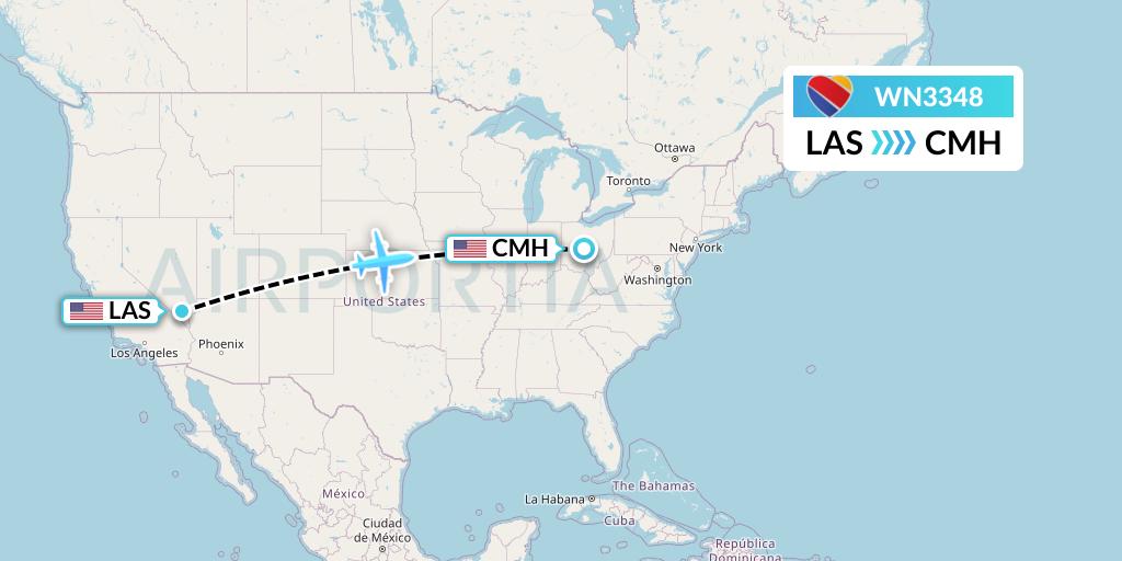 WN3348 Southwest Airlines Flight Map: Las Vegas to Columbus