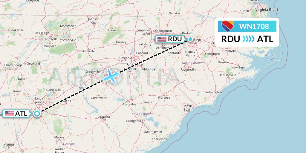WN1708 Southwest Airlines Flight Map: Raleigh-Durham to Atlanta