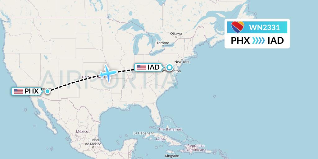 WN2331 Southwest Airlines Flight Map: Phoenix to Washington