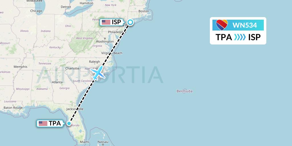 WN534 Southwest Airlines Flight Map: Tampa to Islip