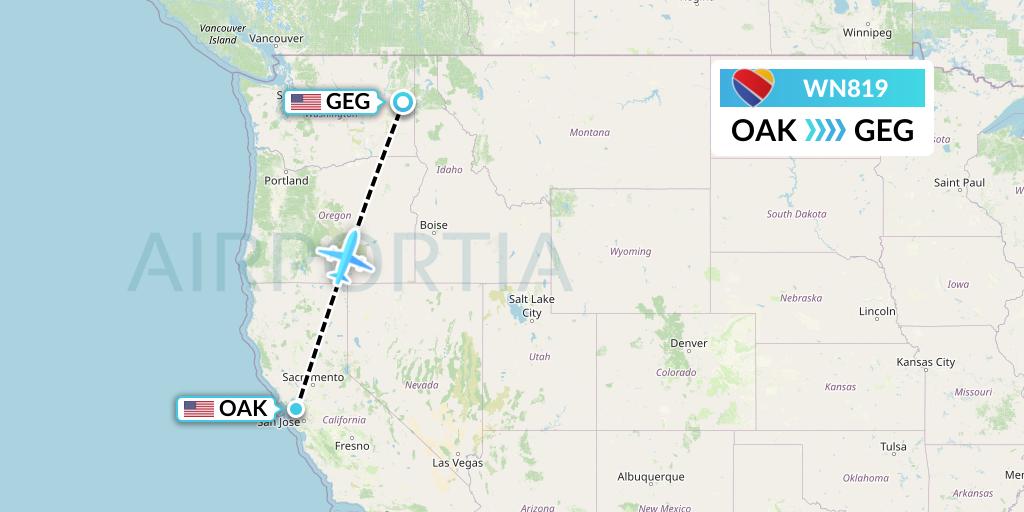 WN819 Southwest Airlines Flight Map: Oakland to Spokane
