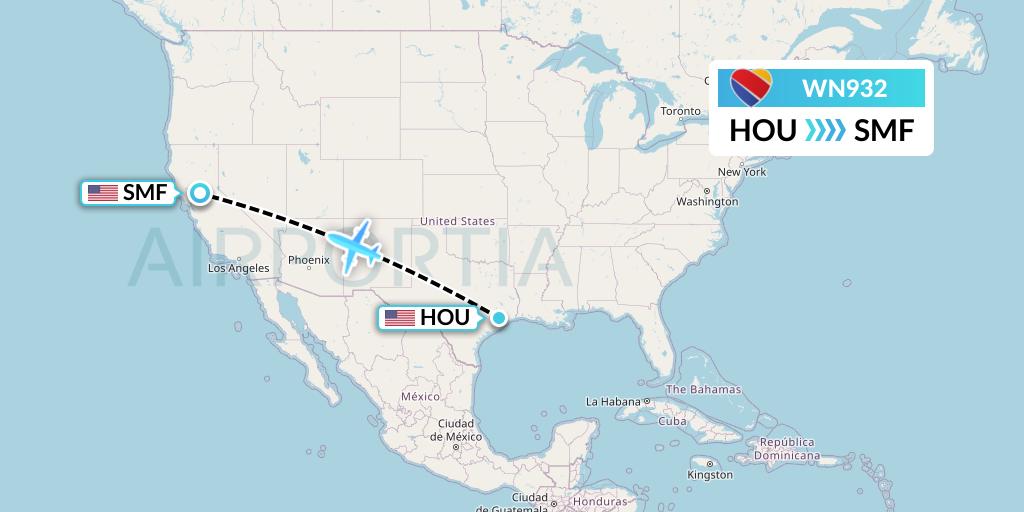 WN932 Southwest Airlines Flight Map: Houston to Sacramento