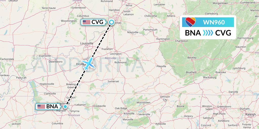 WN960 Southwest Airlines Flight Map: Nashville to Cincinnati