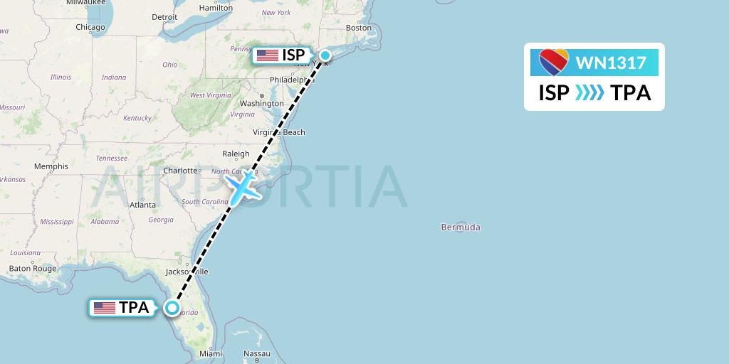 WN1317 Southwest Airlines Flight Map: Islip to Tampa