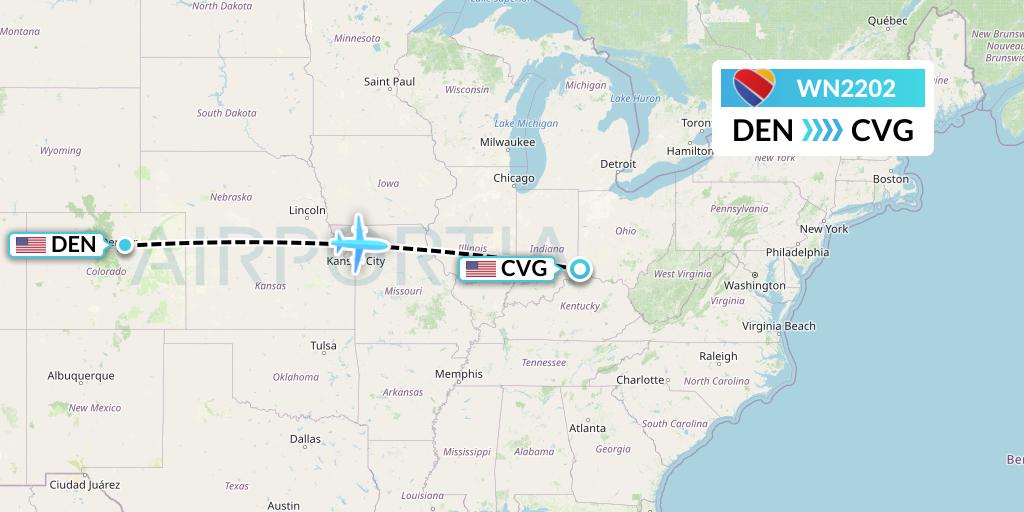 WN2202 Southwest Airlines Flight Map: Denver to Cincinnati