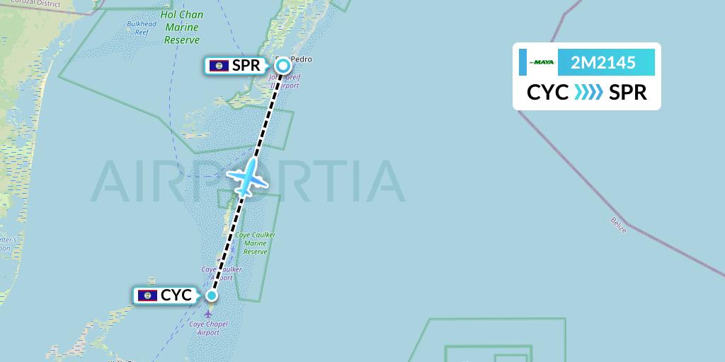 2M2145 Maya Island Air Flight Map: Caye Chapel to San Pedro