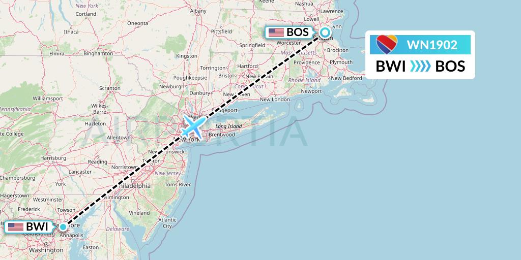 WN1902 Southwest Airlines Flight Map: Baltimore to Boston