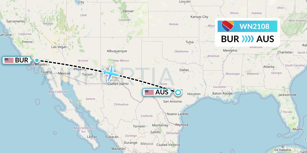 WN2108 Southwest Airlines Flight Map: Burbank to Austin