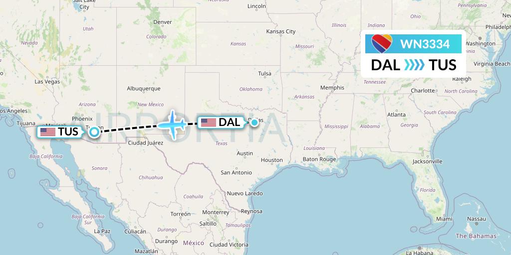 WN3334 Southwest Airlines Flight Map: Dallas to Tucson