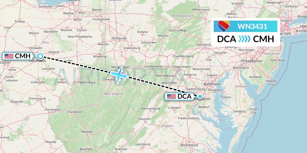 WN3431 Southwest Airlines Flight Map: Washington to Columbus