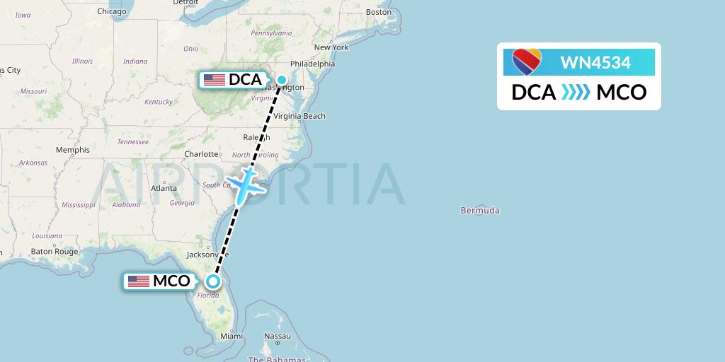 WN4534 Southwest Airlines Flight Map: Washington to Orlando
