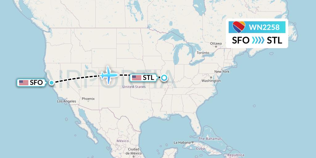 WN2258 Southwest Airlines Flight Map: San Francisco to St. Louis
