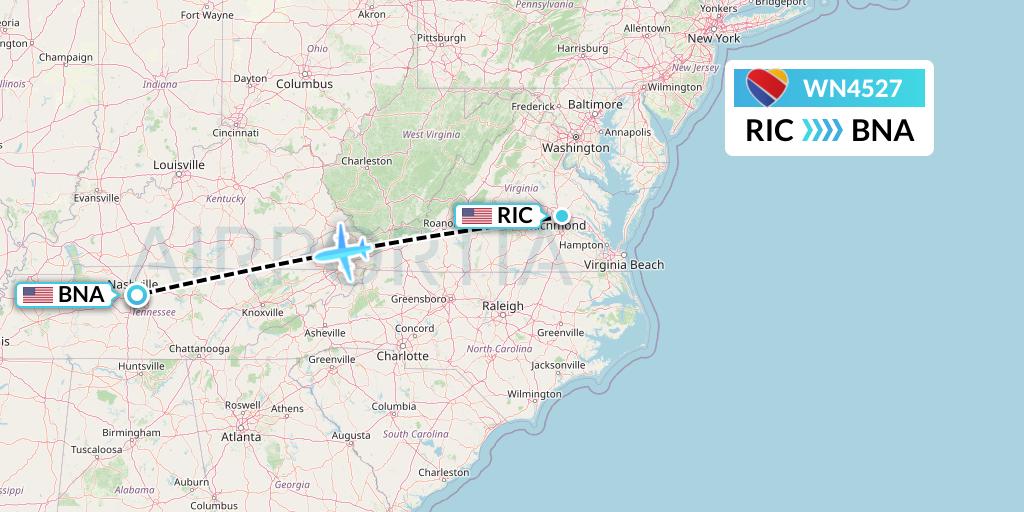 WN4527 Southwest Airlines Flight Map: Richmond to Nashville