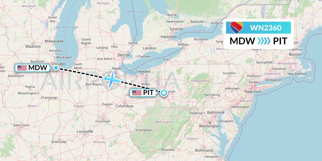 WN2360 Southwest Airlines Flight Map: Chicago to Pittsburgh