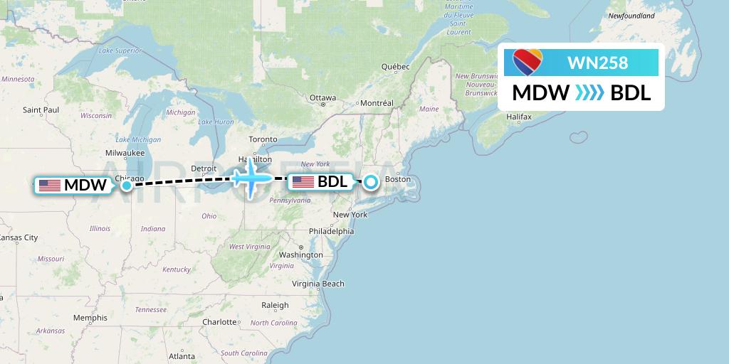 WN258 Southwest Airlines Flight Map: Chicago to Windsor Locks