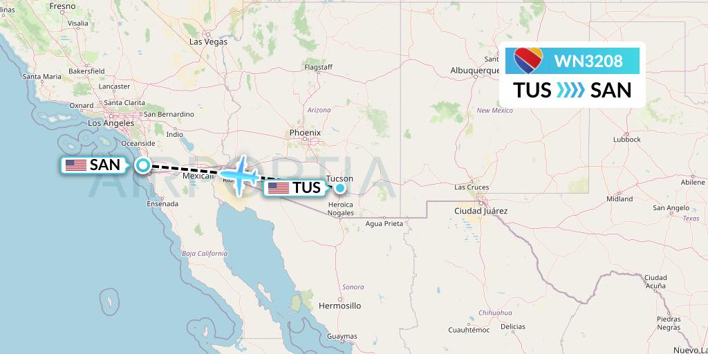 WN3208 Southwest Airlines Flight Map: Tucson to San Diego