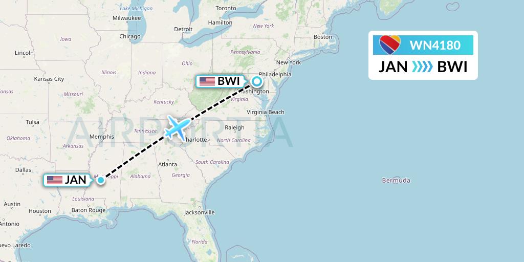 WN4180 Southwest Airlines Flight Map: Jackson to Baltimore