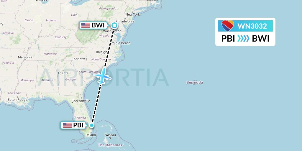 WN3032 Southwest Airlines Flight Map: West Palm Beach to Baltimore