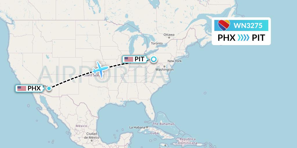 WN3275 Southwest Airlines Flight Map: Phoenix to Pittsburgh