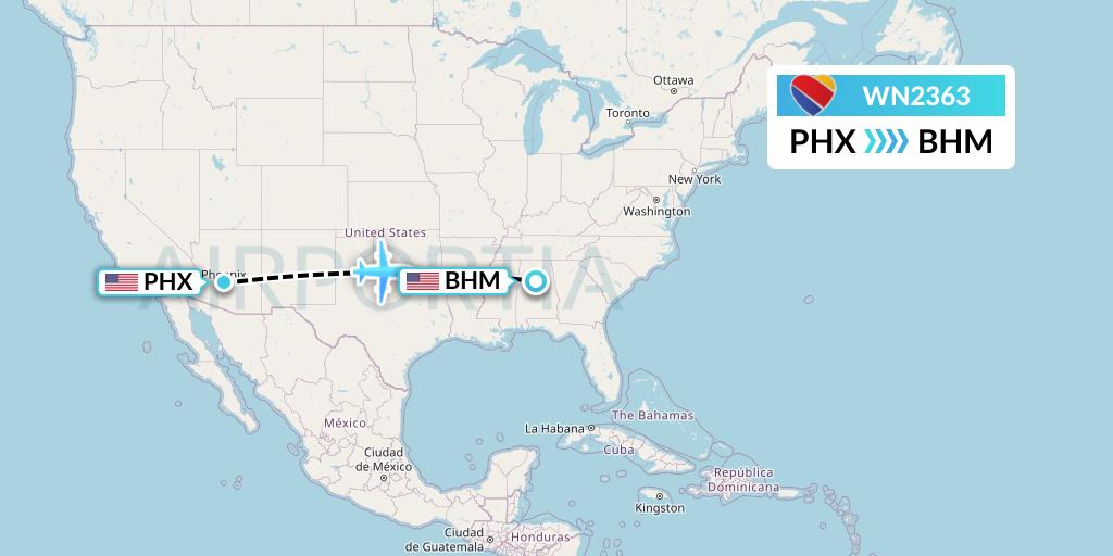 WN2363 Southwest Airlines Flight Map: Phoenix to Birmingham