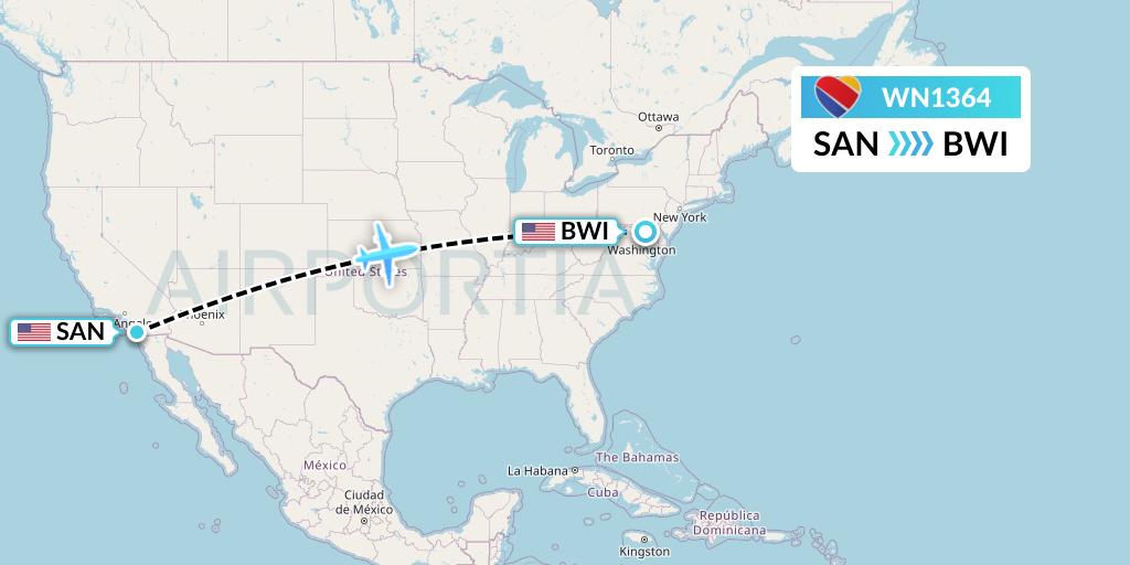 WN1364 Southwest Airlines Flight Map: San Diego to Baltimore