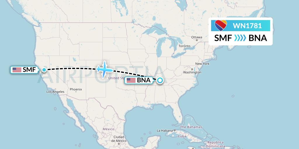 WN1781 Southwest Airlines Flight Map: Sacramento to Nashville