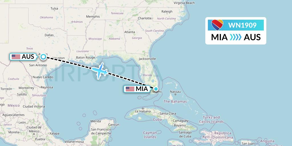 WN1909 Southwest Airlines Flight Map: Miami to Austin