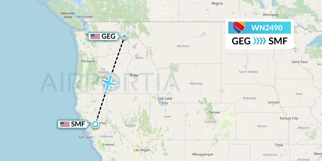 WN2490 Southwest Airlines Flight Map: Spokane to Sacramento