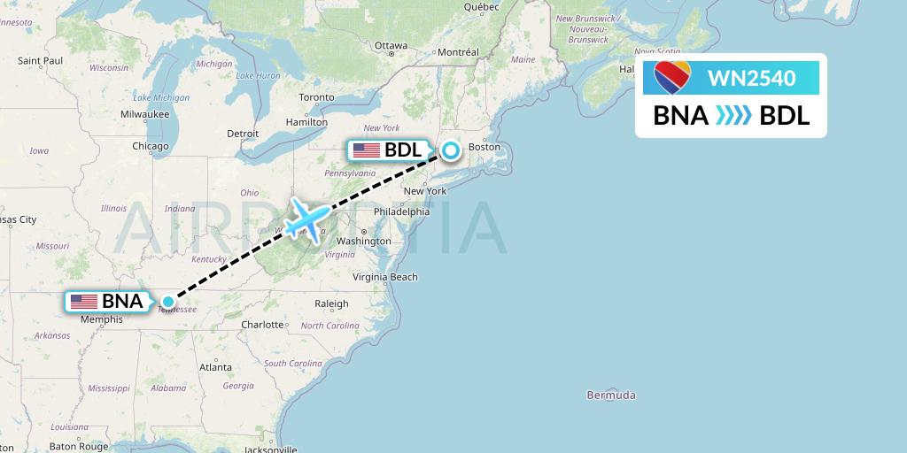 WN2540 Southwest Airlines Flight Map: Nashville to Windsor Locks