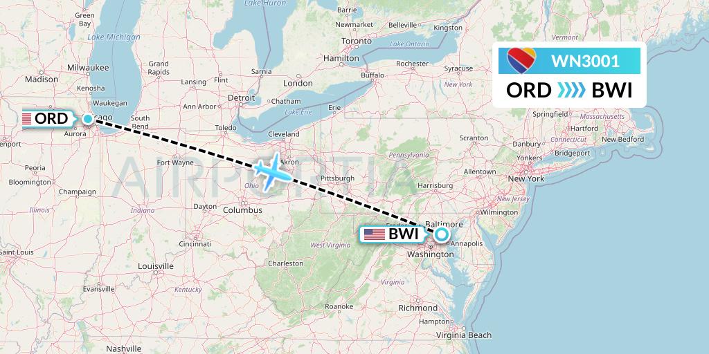 WN3001 Southwest Airlines Flight Map: Chicago to Baltimore