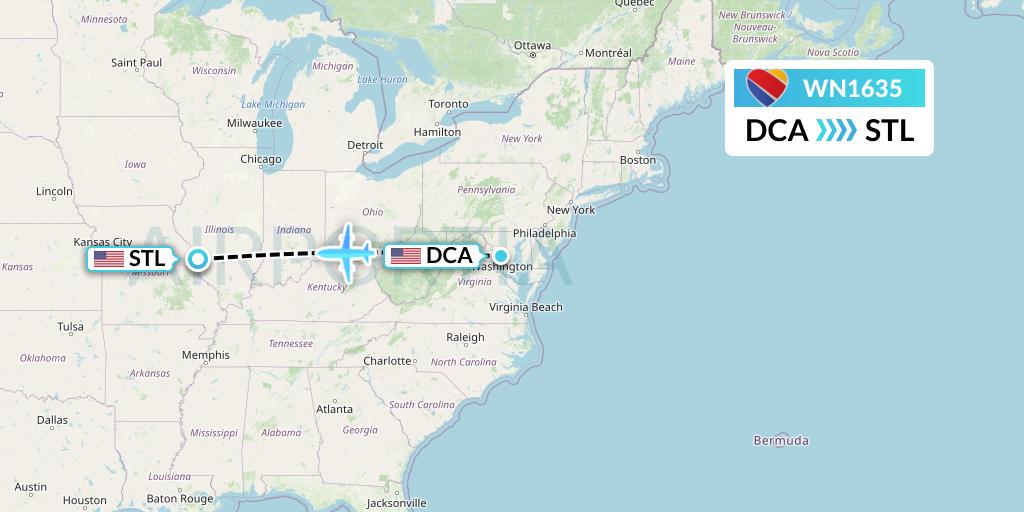 WN1635 Southwest Airlines Flight Map: Washington to St. Louis