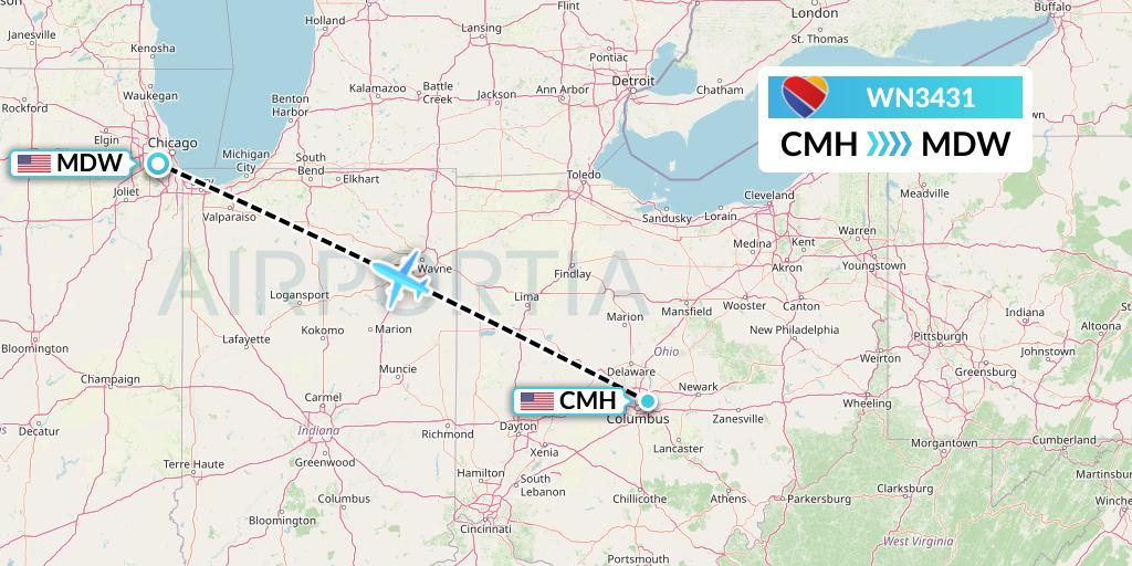 WN3431 Southwest Airlines Flight Map: Columbus to Chicago