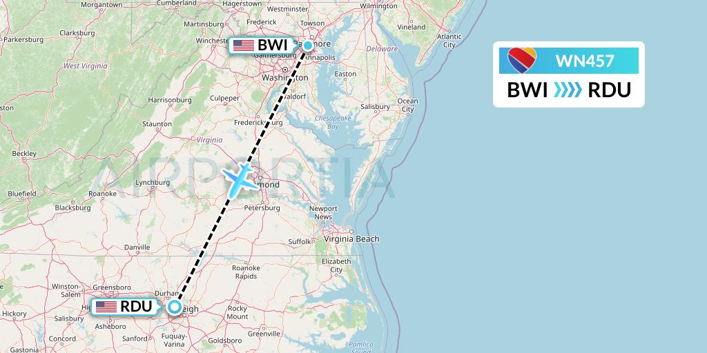 WN457 Southwest Airlines Flight Map: Baltimore to Raleigh-Durham
